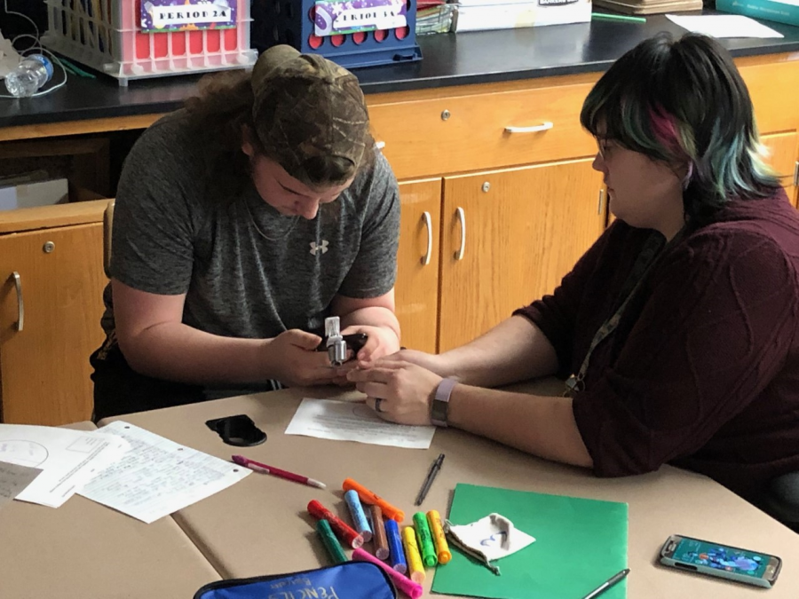 Teacher Ashley Bright working with students as they use their cell phone microscopes in Science class. 