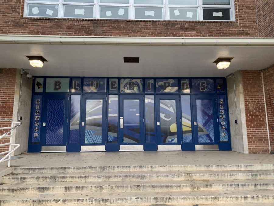 The work the 2019-2020 Graphics and Printing students did on the school gym doors. 