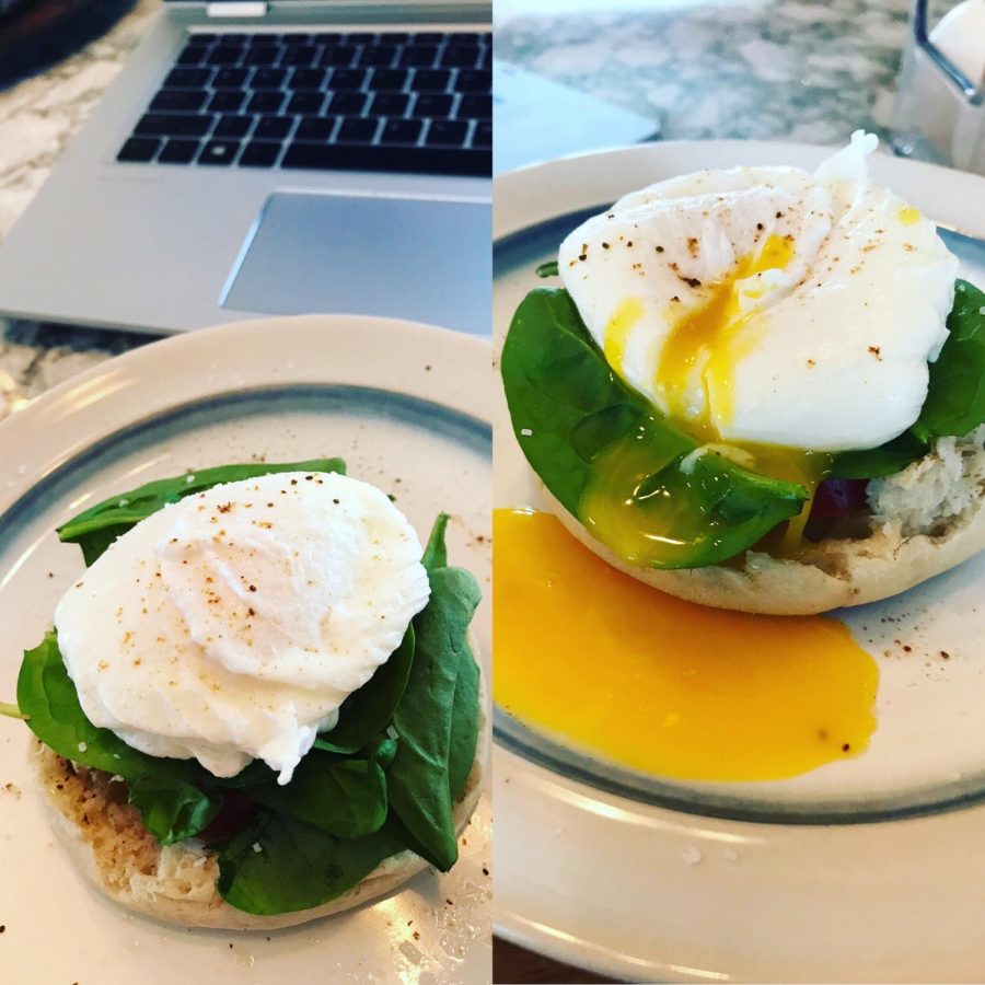 Chef G doing a virtual demo of poached eggs to model for her students. 