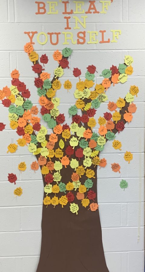 Mrs. Fulchers thankful tree in the English hallway that students and staff filled with their gratitude and thanks. 