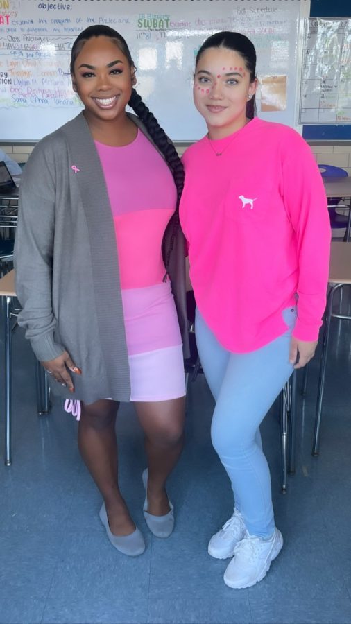 Tuesday+was+Pink+Out+day+for+Breast+Cancer+Awareness+Month.+Photo+of+American+Government+teacher+K.+Green+and+junior+Alexa+P.+
