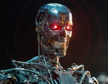 A robot from the classic Terminator movie where AI is a huge part of the future. 