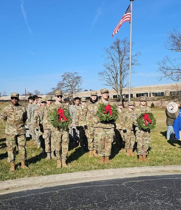 Cadet Denson on the left leading his platoon. 