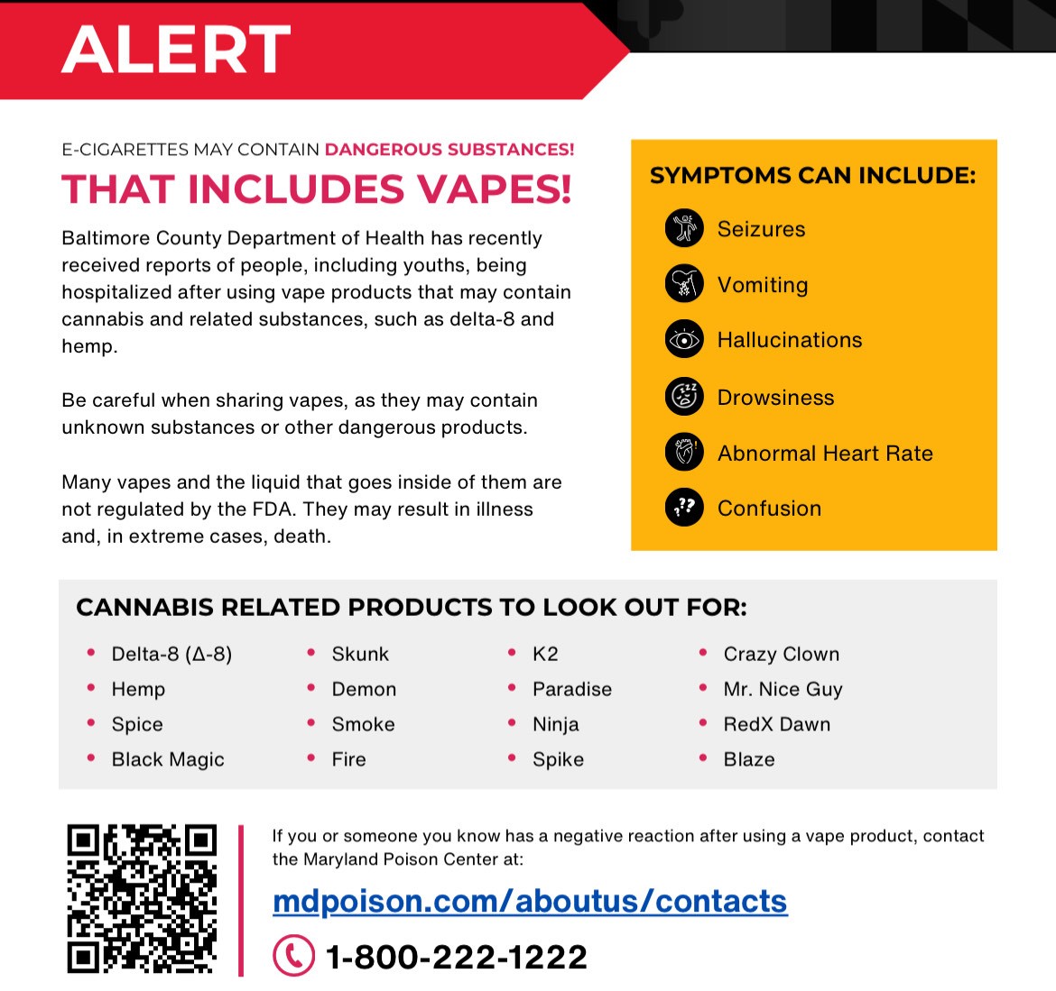 Flyer Baltimore County Health Department has displayed for students to warn them of recent dangers of vaping products. 