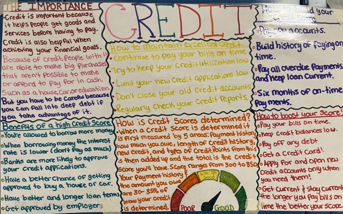 The hall outside of Ms. Rodier's room was filled with info graphs about credit to inform all students of the importance of creating good credit. 